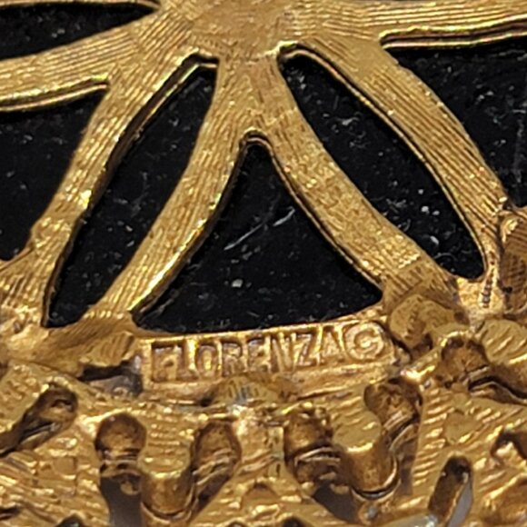 Florenza Gold Black Brooch Glass Round Pin Black Rhinestones OS Vintage - Picture 9 of 11